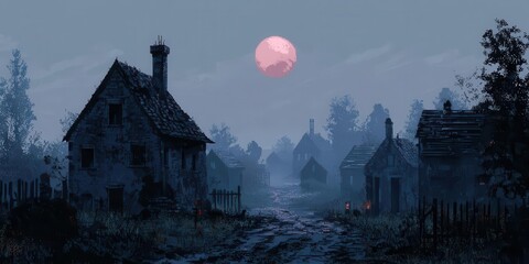Haunted pixel art village with broken houses, fog, and dark atmosphere