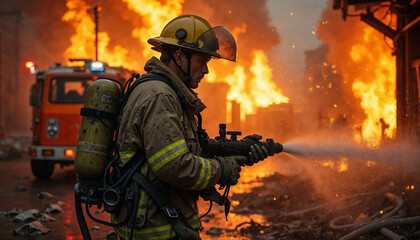 Naklejka premium Professional firefighter standing in front of fire blaze. Fireman rescuer hero at work