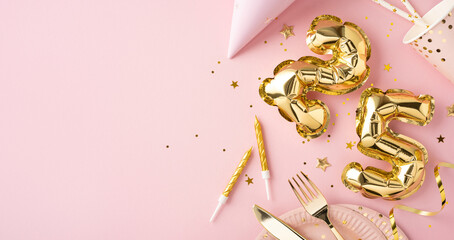 Festive birthday setup featuring gold number balloons, decorative plates, cups, and party...