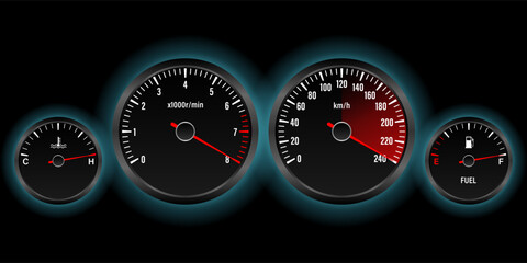 Car Dashboard. Car Panel Display. Car Speedometer Dashboard. Tachometer or Odometer Display. High Speed Concept. Vector Illustration.