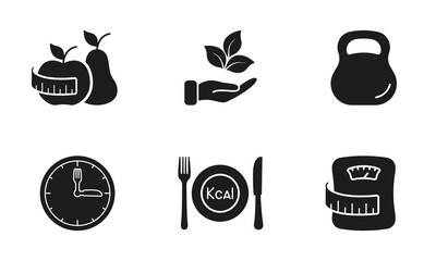 Healthy Lifestyle and Weight Loss Glyph Icons. Healthy Living and Dieting Silhouette Icon Set with Symbols of Fruit, Fitness, and Nutrition. Isolated Vector Illustration