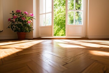 Bright interior with open doors, sunlight and plants creating a warm atmosphere.