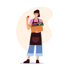Vector illustration of a girl holding a grocery basket. Cartoon scene of a girl in a t-shirt, shorts, apron holding a wicker basket with healthy vegetables: eggplants,peppers,tomatoes,zucchini,greens.