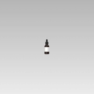 One Small Brown Bottle with white label sits on a Gray Field
