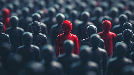Obraz premium A symbolic image of one bright red figure standing out among a crowd of dark figures, representing leadership, individuality, and the concept of standing out in society or political contexts.