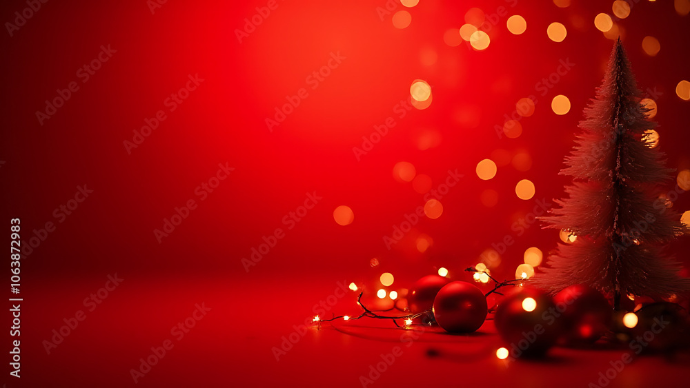 Poster a festive christmas background features a xmas tree amidst sparkle bokeh lights on a vibrant red can