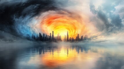 Obraz premium A vibrant sunset over a misty city skyline with swirling clouds reflecting colors on the calm water surface at dusk