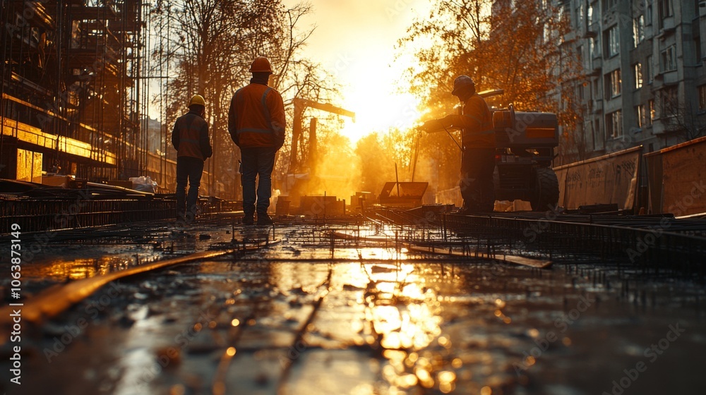 Poster Three construction workers stand on a wet surface, watching the sunset at a building site. Machinery and trees are visible, adding to the atmosphere of the moment.