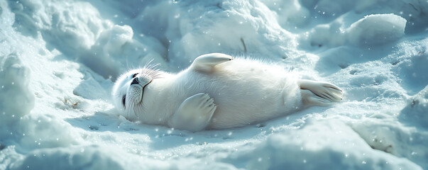 Naklejka premium Cute Baby Seal Relaxing in the Snow