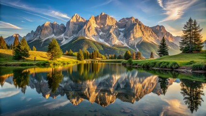 Fototapeta premium Idyllic summer morning with mountains and reflected in a mountain lake, Hochkoenig, Mandlwand, Maria Alm, Tyrol, Austria, Europe