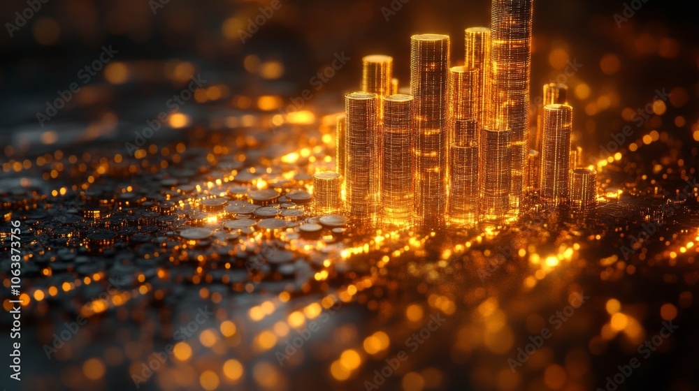 Poster A luminous city skyline emerges from golden cylindrical structures resting on a dark surface, casting vibrant reflections in a nighttime atmosphere.