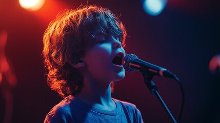 Chłopiec, z mikrofonem w ręku, z pasją śpiewa na scenie, jego twarz wyraża radość i entuzjazm. 