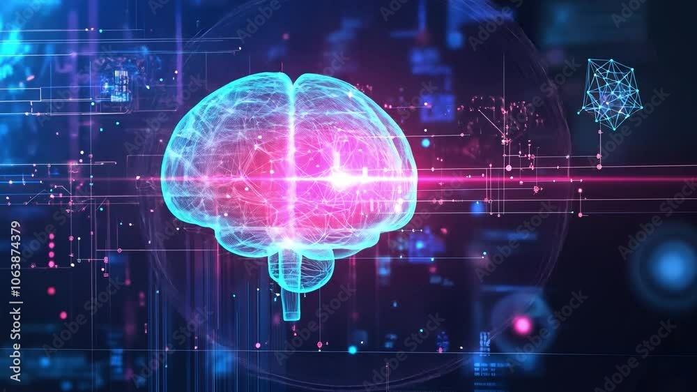 Poster technology background with machine learning themes, neural networks, data clusters, and interconnect