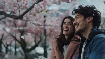 A joyful couple smiles under a canopy of pink cherry blossoms, enjoying a moment of serenity and beauty together.