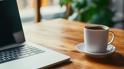 Coffee cup and laptop on a wooden table in a cozy environment.