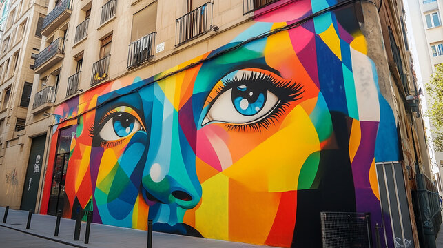 Kolorowy mural graffiti zdobi elewację budynku w zatłoczonej ulicy, wprowadzając do otoczenia energię i życie. 