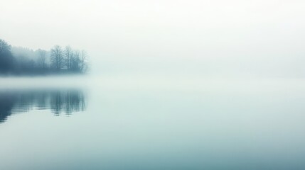 Fototapeta premium A serene fog envelops the calm lake at dawn, reflecting the muted landscape of trees along the shoreline in early morning light
