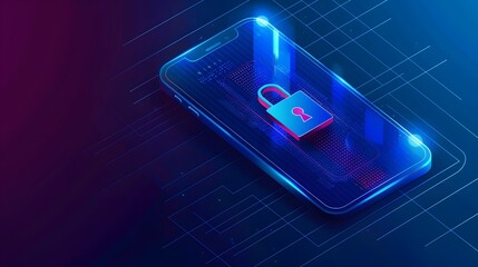 Secure Mobile Device with Futuristic Data Encryption Grid on Blue Backdrop