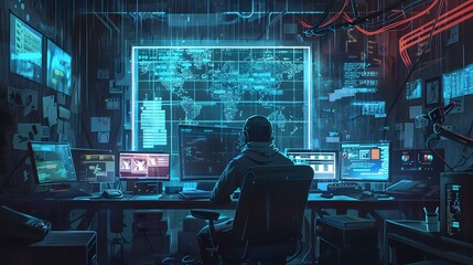 Futuristic Digital Command Center with Advanced Technology and Cybersecurity Systems