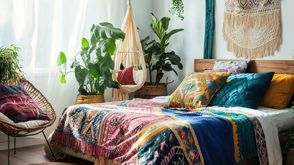 Cozy bohemian bedroom with vibrant textiles and green plants