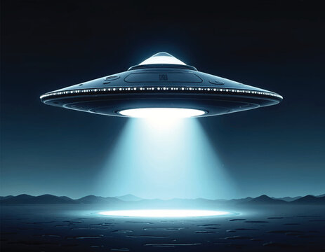 vector of an ufo floating on the night sky with a glowing beams to ground on a dark empty field 