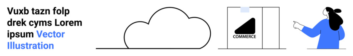 Woman in blue pointing at cloud icon on screen, presenting e-commerce concept. Ideal for tech, business, education, e-learning, online courses, cloud computing, startup themes. Banner for landing