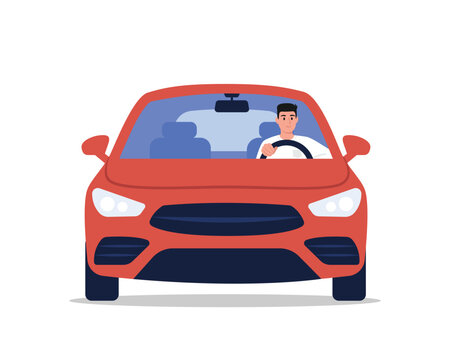Vector illustration of a front view of a car with a handsome guy. Cartoon scene of a guy sitting behind the wheel of a red car isolated on a white background. The car is driving on the road. Vehicle.