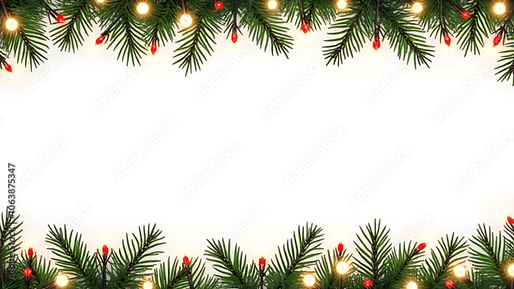 Poster a decorative christmas border features a seamless design with lights garland and coniferous branches