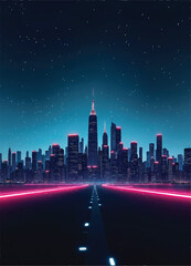 vector of a futuristic city with tall buildings in distance and glowing pink neon lights on the road