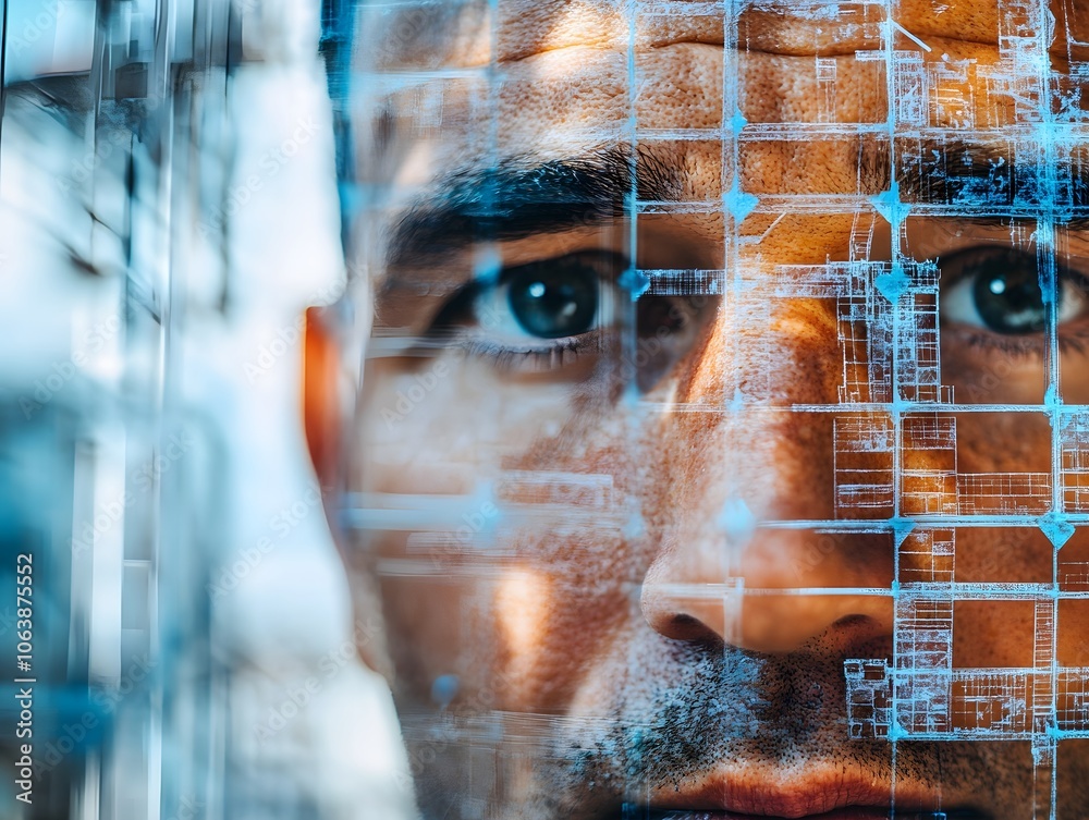 Poster human face with digital overlay and technology elements