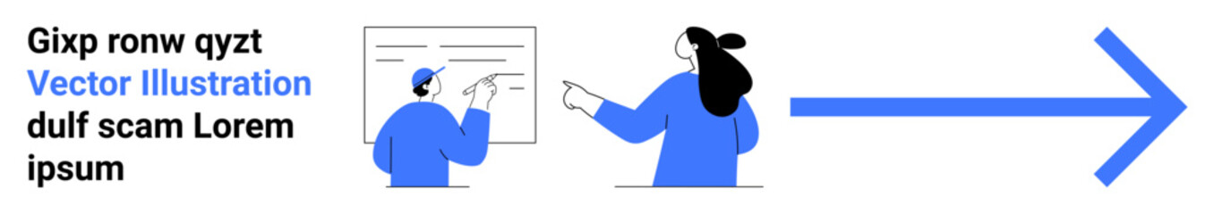 Two people discussing a presentation with one pointing at a board. Large blue arrow on right symbolizing progress and direction. Ideal for teamwork, project management, educational content, corporate