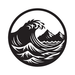 Ocean waves crashing silhouette vector art like the logo black color design and solid white background 