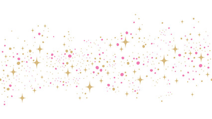 Gold and pink stars and dots seamless border. Flying gold sparkles confetti isolated on white background.Christmas stars background.