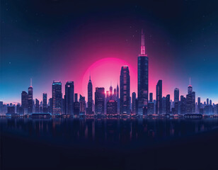 vector of a futuristic city skyline with tall buildings and a full moon in the background