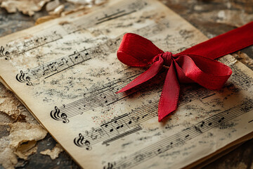 Christmas carol sheet music with a red ribbon bookmark.