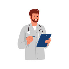 Vector illustration of a smiling doctor writing down a prescription for a patient.Cartoon scene of a doctor in a medical suit with a stethoscope holding a tablet, a pen isolated on a white background.