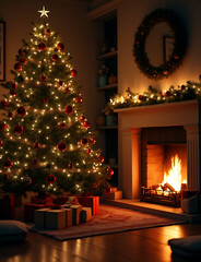 A cozy holiday scene featuring a Christmas tree and fireplace is set against a copy space background