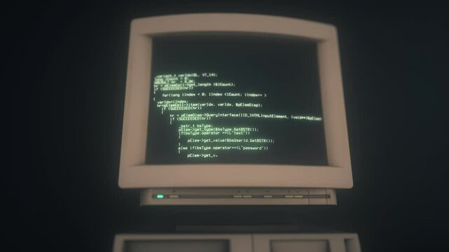 Old personal computer with source code running on screen, display