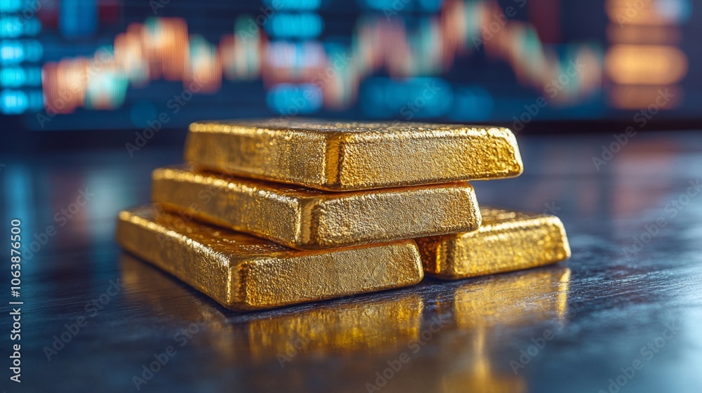 Poster stacked gold bars shine on a reflective surface, illuminated by soft light, while financial graphs s