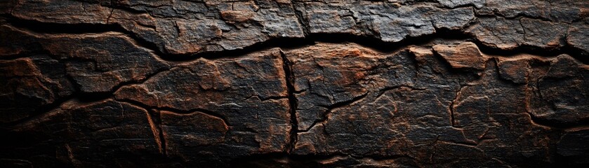 Close-up of Cracked and Weathered Dark Wood Bark
