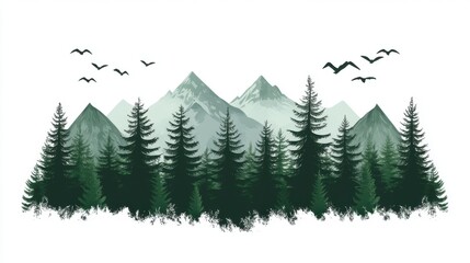 Obraz premium Stunning silhouette of evergreen trees against a serene mountain sunset, showcasing warm hues and tranquil atmosphere.