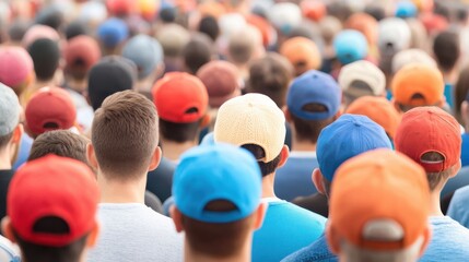 Fototapeta premium Crowd of people wearing various colored caps, focused on the event.