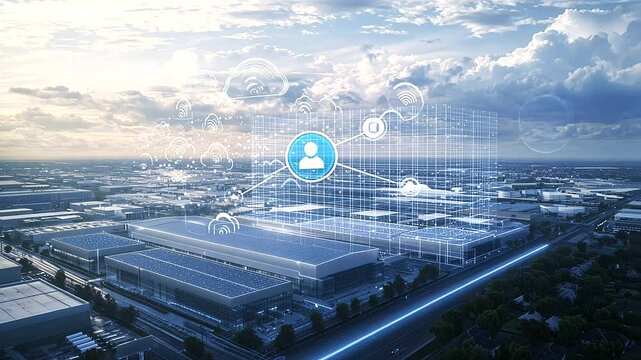 1_Aerial View of Modern Industrial Area with Cloud Computing Overlay