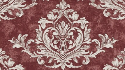 Elegant white floral damask pattern on a vibrant red background, exuding a classic and luxurious feel.