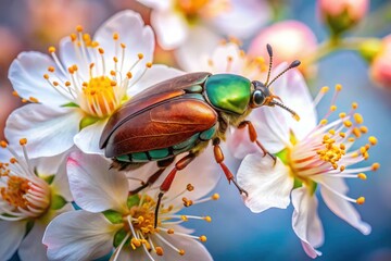 Fototapeta premium Maybug Beetle on Cherry Blossom: Nature's Beauty in Spring, Insect Close-Up, Floral Photography, Entomology, Spring Bloom, Natural Habitat, Pollination, Macro Photography, Insect Ecology