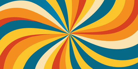 Colorful swirling lines create a dynamic retro inspired background, radiating outwards from the center with a burst effect