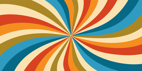 Groovy retro background features colorful swirling stripes radiating from the center, evoking a vintage and vibrant atmosphere