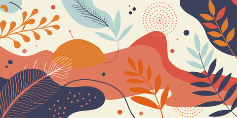 Naklejka premium Modern abstract background featuring colorful organic shapes, leaves, and dots, creating a vibrant and natural aesthetic perfect for various design projects
