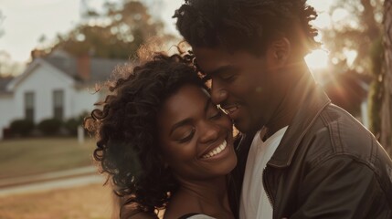A couple basks in golden hour sun on a residential street, smiling tenderly, their faces illuminated with warmth and genuine affection.