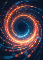 Obraz premium vector of spirals of bright orange and blue lines with sparkles on a black background